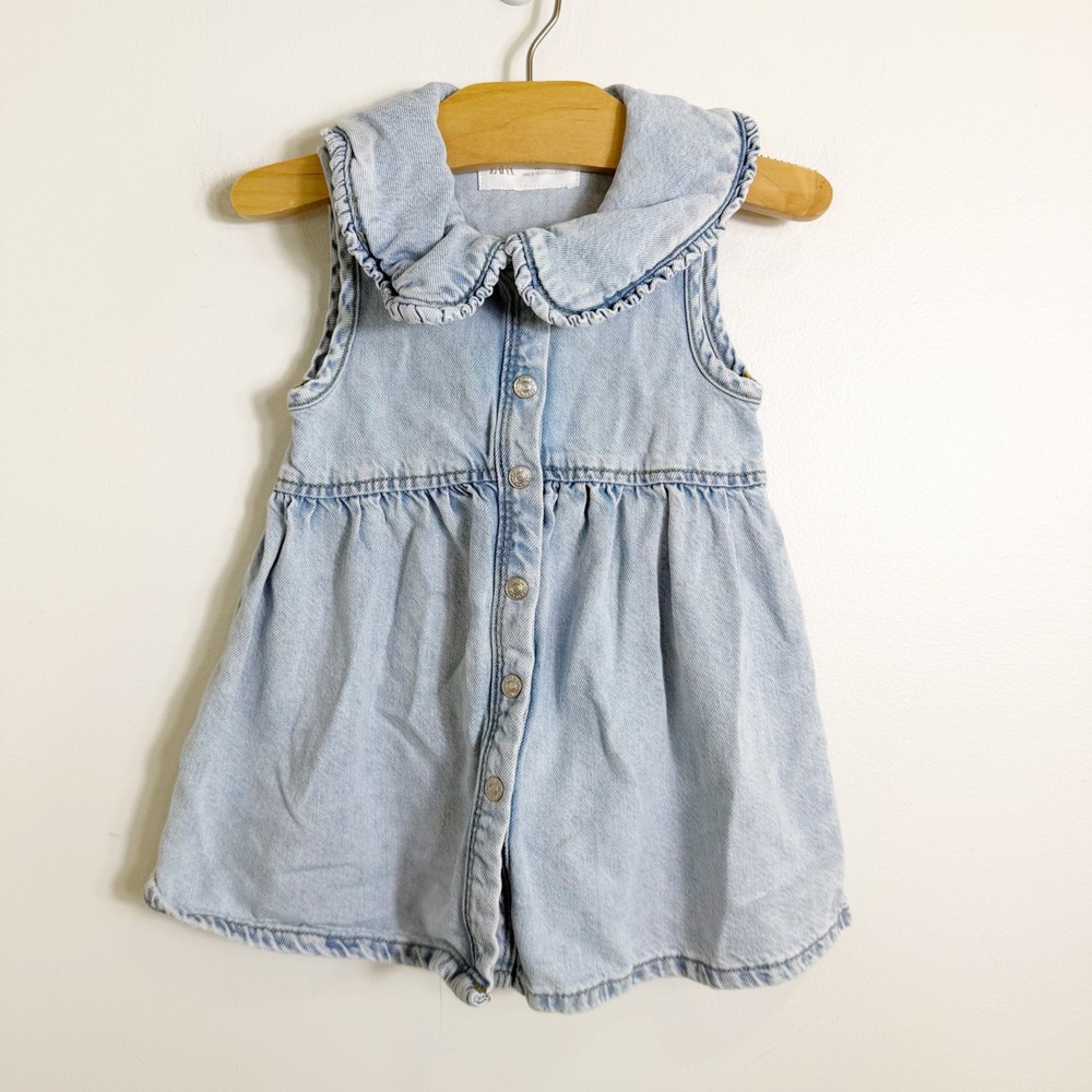 Zara Denim Dress Girls 2 Years Light Blue Ruffle Collar Sleeveless Button Front